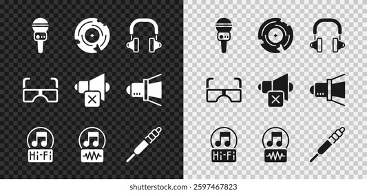 Set Microphone, Vinyl disk, Headphones, Music note, tone, Audio jack, Glasses and Speaker mute icon. Vector