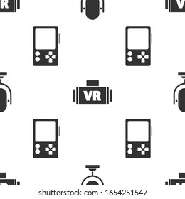 Ajuste el micrófono, las gafas de realidad virtual y la consola de videojuegos portátil en un patrón sin problemas. Vector