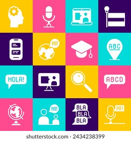 Set Microphone voice device, Alphabet, Foreign language online study, Learning foreign languages, Online translator, Head with gear inside and Graduation cap icon. Vector