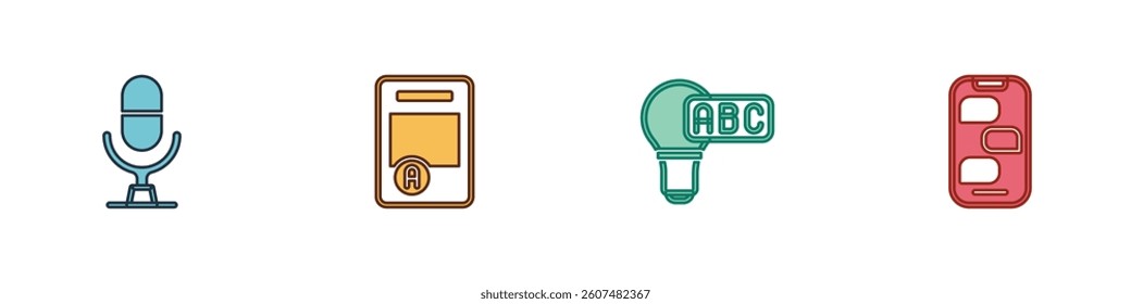 Set Microphone voice device, Exam sheet with A plus grade, Creative lamp light idea and New chat messages notification icon. Vector