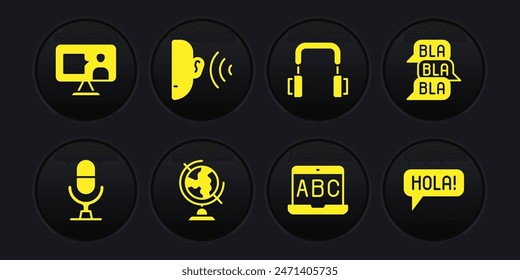 Set Microphone voice device, Speech bubble chat, Earth globe, Foreign language online study, Headphones, listen sound signal, Hola different languages and  icon. Vector