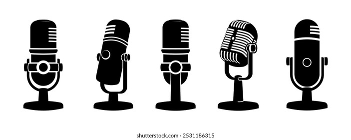 Set of microphone web icon . Flat retro music, studio and radio mic sign collection. Black silhouette design, vector art image illustration, isolated on white background.