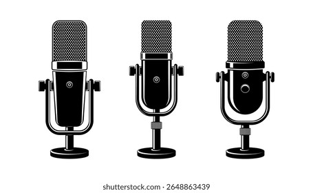 Set of microphone web icon . Flat retro music, studio and radio mic sign collection. Black silhouette design, vector art image illustration, isolated on white background.
