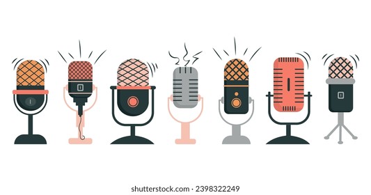 Satz von Mikrofonen verschiedener Farben und Formen einzeln auf weißem Hintergrund. Vektormikrofonsymbole für Podcast. Sprachvektorsymbol, Aufnahme. Retro-Mikrofon. Vektorgrafik