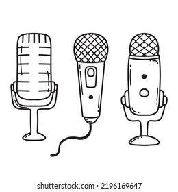 A set of microphones. Doodle style. Vector illustration.