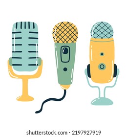 A set of microphones. Doodle style. Vector illustration.