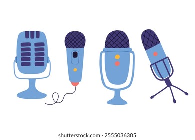 A set of microphones. Doodle style. Vector illustration.