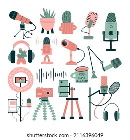 set with microphones, flowers, headsets on the theme of the podcast. flat vector illustration isolated on white background.