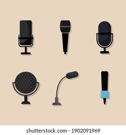 set of microphones icons on a beige background vector illustration design