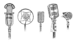 Set Of Microphones Isolated On White Background. Retro Vintage Doodle Hand Drawn Engraving Style Vector Illustration. Scratch Board Imitation