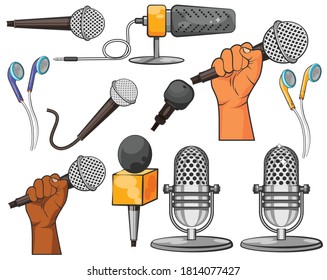 Set of Microphones isolated vector illustration. Earphones. Microphone in a hand. Sound recording. Podcast recording. Professional sound recording equipment. 