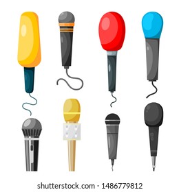 A set of microphones made in the style of a cartoon on a white background. Vector illustration