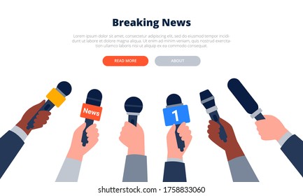 A set of microphones. Media television and interviews, broadcast media, and communications. Microphones in journalists hands. News banner template. Flat vector illustration.