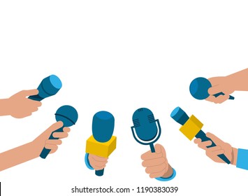 A set of microphones. Media tv,  interview, information for television, broadcasting mass, communication, collection microphones in hand. Vector flat illustration