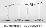 Set of microphones on counter. Flat design silhouette microphone, music icon, mic. Vector illustration. Isolated on white background