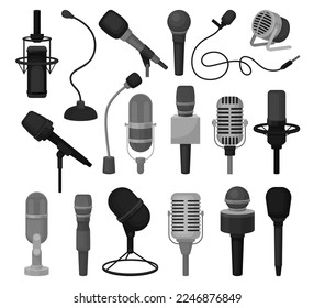 Set of microphones. Retro and modern vocal radio equipment flat vector