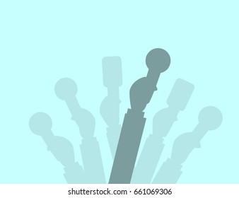 Set of Microphones silhouettes. Journalism concept, Mass Media, TV, Interview, Breaking News, press conference concept. Microphones in reporter hands. Vector  Flat design.
