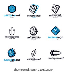 Set of microprocessor scheme abstract logotypes. Futuristic cybernetic vector motherboard. Digital elements, circuit board. 