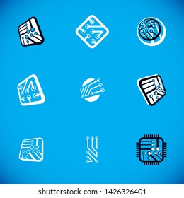 Set of microprocessor scheme abstract logotypes. Futuristic cybernetic vector motherboard. Digital elements, circuit board. 