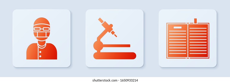 Set Microscope, Assistant and Open science book. White square button. Vector