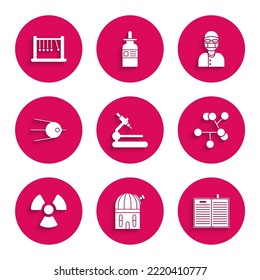 Set Microscope, Astronomical observatory, Open science book, Molecule, Radioactive, Satellite, Assistant and Pendulum icon. Vector