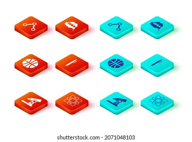 Set Microscope, Atom, Basketball ball, Pen, Idea, speech bubble and Molecule icon. Vector
