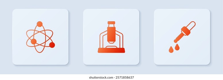 Set Microscope, Atom and Pipette. White square button. Vector