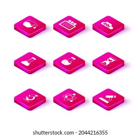 Set Microscope, Atom, Test tube, Old hourglass, CO2 emissions in cloud and  icon. Vector