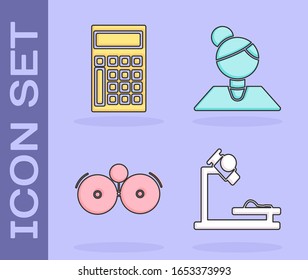 Set Microscope, Calculator, Ringing alarm bell and Teacher icon. Vector