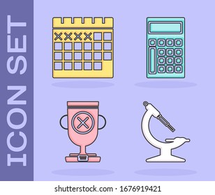Set Microscope, Calendar, Award cup and Calculator icon. Vector