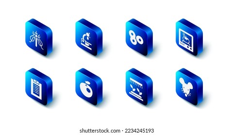 Set Microscope, Cell division, 3D printing technology, Experimental mouse, Automatic irrigation sprinklers, Genetically modified apple, Clinical record and insect icon. Vector