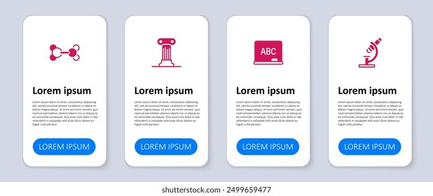 Set Microscope, Chalkboard, Law pillar and Molecule. Business infographic template. Vector