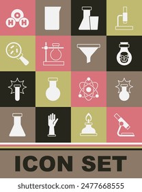 Set Microscope, Chemical explosion, Poison in bottle, Test tube and flask, stand, Microorganisms under magnifier, formula for H2O and Funnel filter icon. Vector