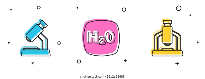 Set Microscope, Chemical formula H2O and  icon. Vector