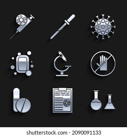 Set Microscope, Clipboard with blood test results, Test tube and flask, No handshake, Medicine pill or tablet, Bar of soap, Virus and Syringe virus icon. Vector