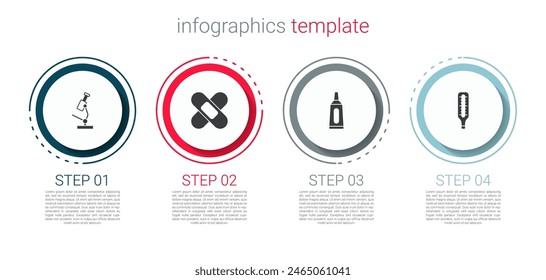 Set Microscopio, Esparadrapo de vendaje cruzado, Pomada crema tubo medicina y termómetro médico. Plantilla de infografía de negocios. Vector