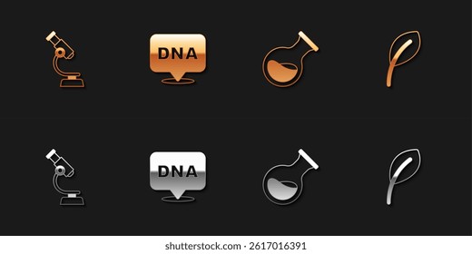 Set Microscope, DNA symbol, Test tube and flask and Leaf or leaves icon. Vector