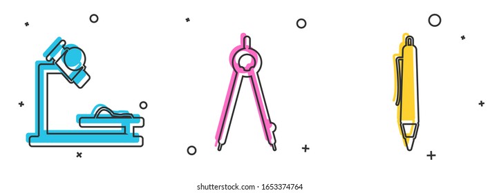 Set Microscope, Drawing compass and Pen icon. Vector