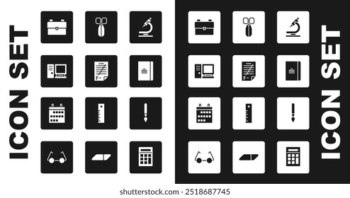 Set Microscope, Exam paper with incorrect answers, Computer monitor, School backpack, Spiral notebook, Scissors, Paint brush and Calendar icon. Vector