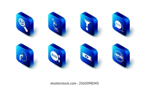 Set Microscope, Funnel or filter, Label for eco healthy food, No GMO, Blood test and virus, Bio, Human kidney and Microorganisms under magnifier icon. Vector
