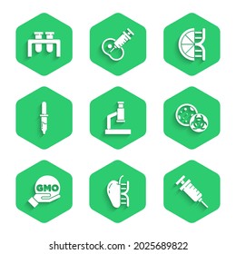 Set Microscope, Genetically modified apple, Syringe, GMO, Pipette, orange and Test tube and flask icon. Vector