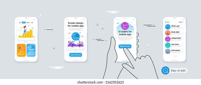 Set of Microscope, Global engineering and Hydroelectricity line icons. Phone ui interface. Include Winner medal, Spanner, Internet chat icons. Vector