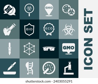 Set Microscope, GMO, Biohazard symbol, Shield for bio healthy food, Genetically modified apple, DNA and Label eco icon. Vector