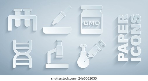 Set Microscope, GMO, DNA symbol, Gmo research chicken, Pipette and Test tube and flask icon. Vector
