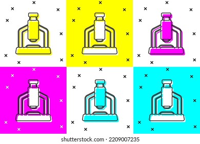 Set Microscope icon isolated on color background. Chemistry, pharmaceutical instrument, microbiology magnifying tool.  Vector