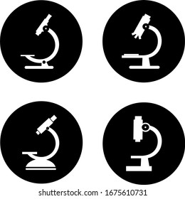 Conjunto de iconos de microscopio. Símbolo de ciencia, química, instrumento farmacéutico, herramientas de magnificación microbiológica. Estilo plano microscopio para diseño gráfico. Adecuado para logotipo, web, UI, aplicación móvil.