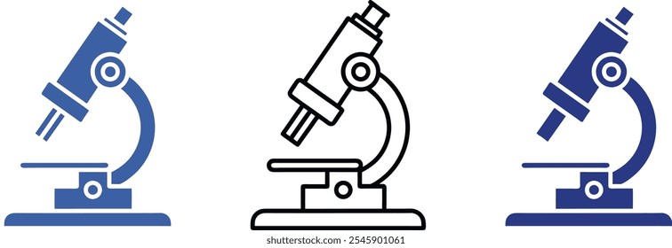 Conjunto de ícones do microscópio em três estilos: azul sólido, preto contorno e azul escuro preenchidos. Estes símbolos de microscópio minimalistas são perfeitos para temas científicos, educacionais e médicos. Ideal para uso