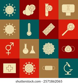 Set Microscope, Medical protective mask, Virus under magnifying glass, Test tube with virus, thermometer,  and Pills blister pack icon. Vector