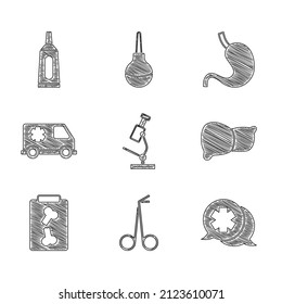 Set Microscope, Medical scissors, Dialogue with the doctor, Human organ liver, X-ray shots, Emergency car, stomach and Ointment cream tube medicine icon. Vector