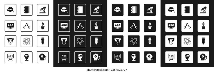 Set Microscope, Molecule, Alphabet, Idea, speech bubble, Plant in pot, Spiral notebook, Pencil with eraser and Medal icon. Vector